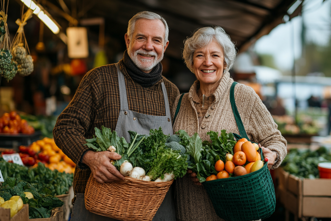 Възрастна двойка готви заедно здравословна храна